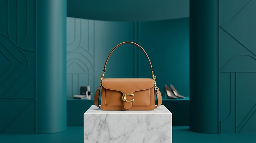 A tan leather Coach shoulder bag with gold hardware displayed on a marble pedestal.