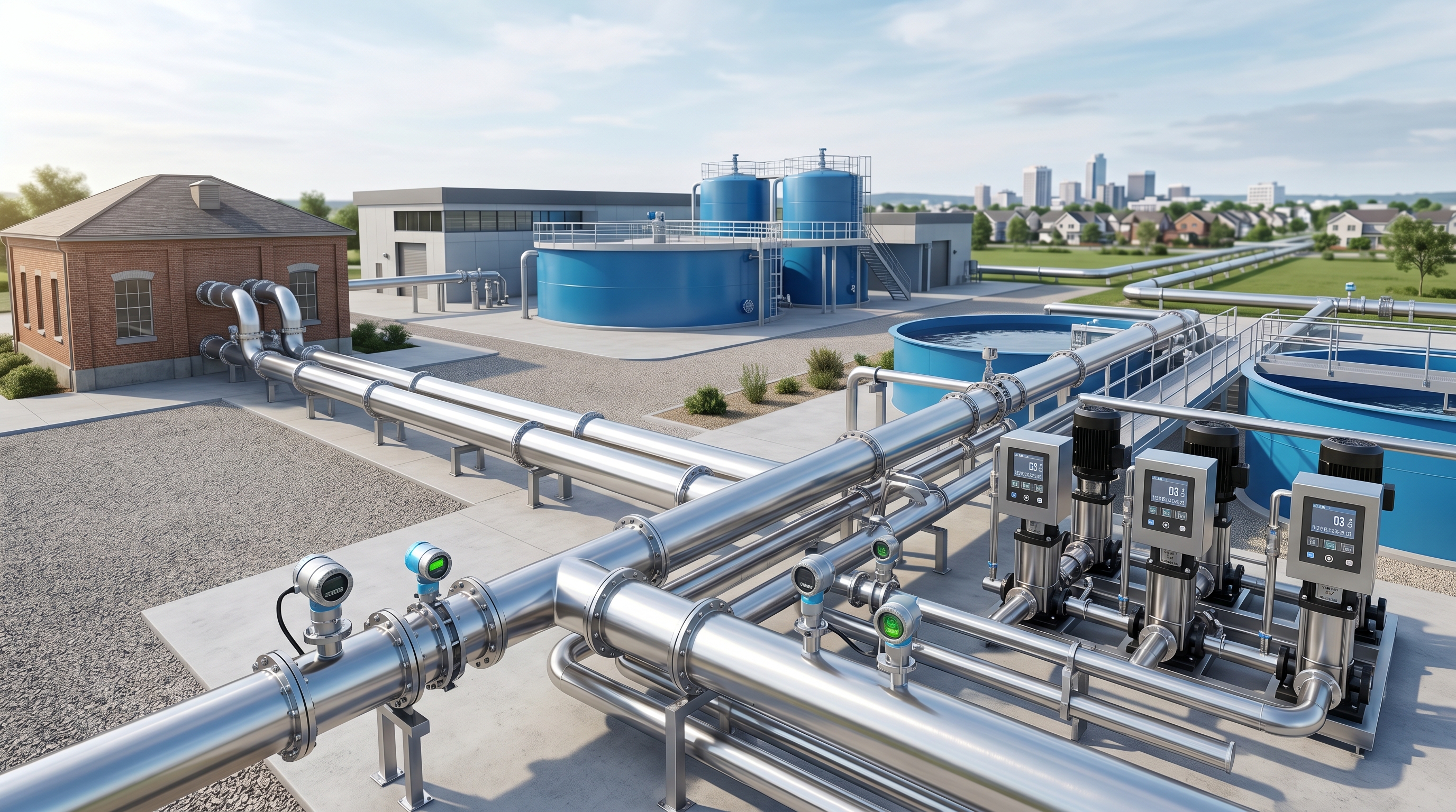 A water treatment facility with stainless steel pipes, flow meters, pumps, and large blue storage tanks.
