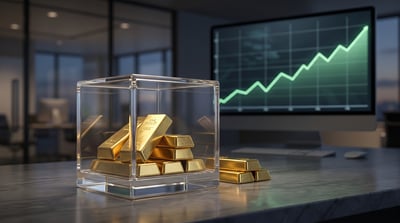 Gold bars in a clear display case on a desk, with an ascending green price chart on a monitor behind.