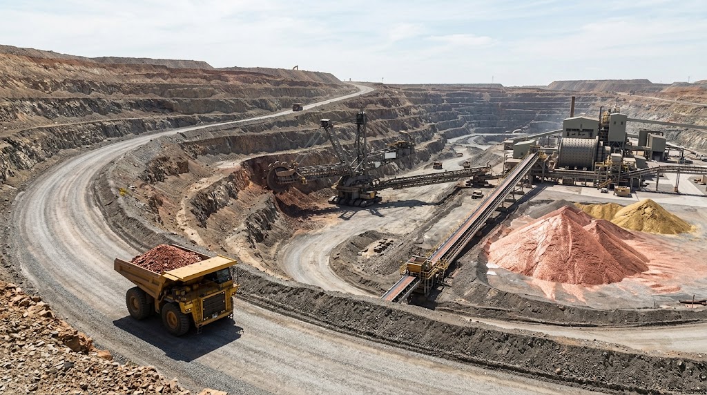 An aerial view of a large open-pit mine with a haul truck, conveyor belts, and ore stockpiles.