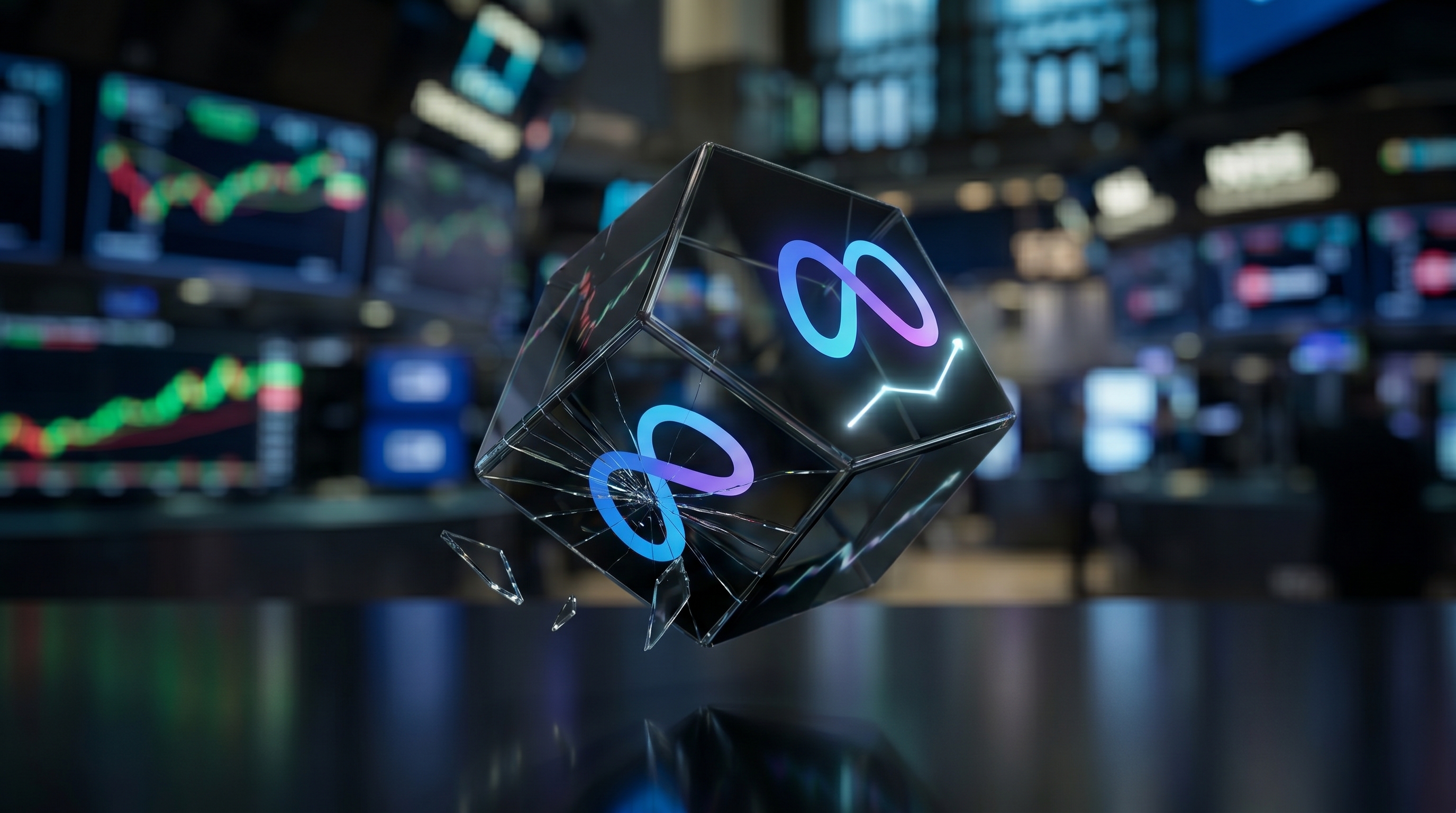 A cracked dark cube bearing the Meta logo floats above a reflective surface in a stock exchange setting.