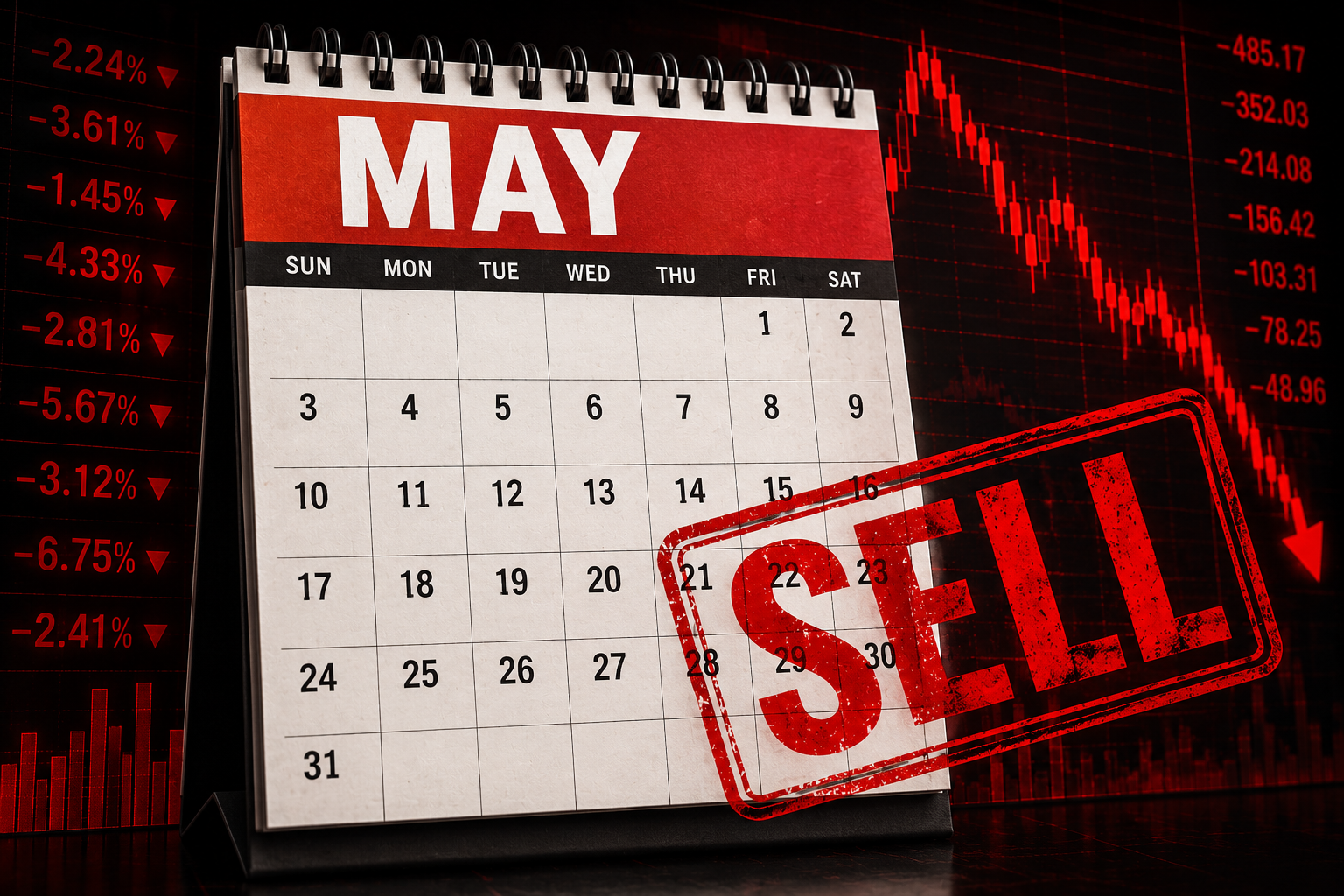 A May calendar with a bold “SELL” stamp over a falling stock market chart.