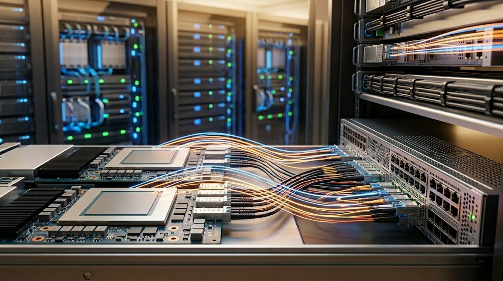 Server hardware with multiple processors and high-density cables inside a data center facility.