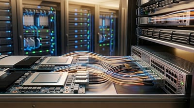 Server hardware with multiple processors and high-density cables inside a data center facility.