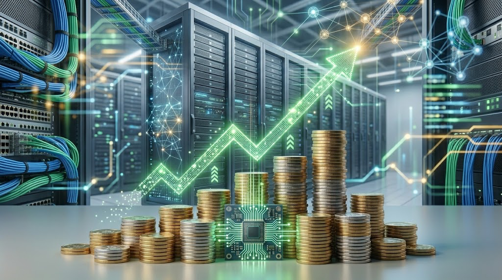 Stacks of coins and a glowing green upward arrow overlay a data center server room.