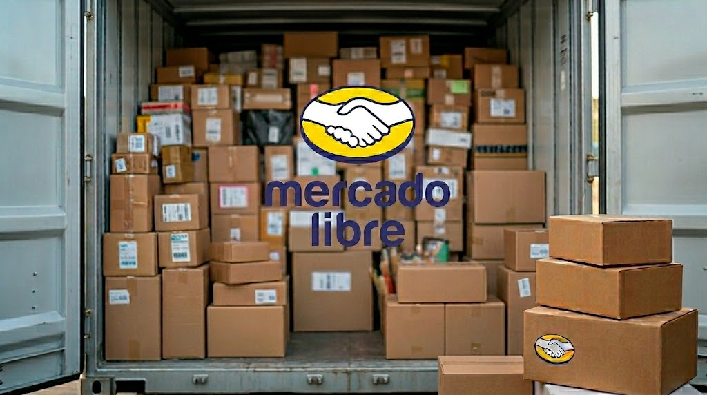 The Mercado Libre logo overlaid on a delivery truck filled with stacked cardboard shipping packages.