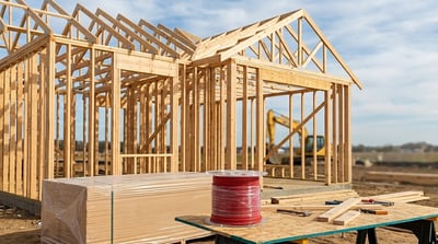 Wooden framing of a residential home under construction at an active building site.