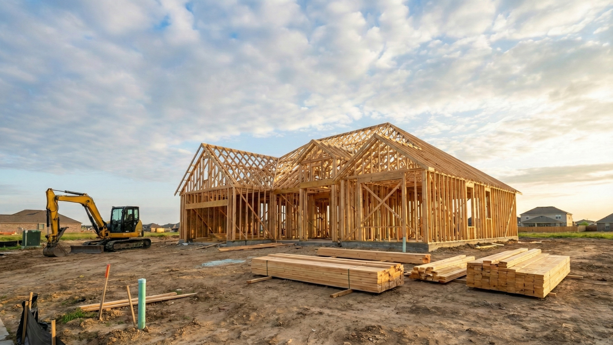 A wood-framed residential home under construction with stacked lumber and an excavator on a dirt lot.