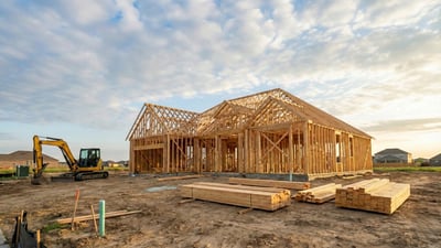 A wood-framed residential home under construction with stacked lumber and an excavator on a dirt lot.