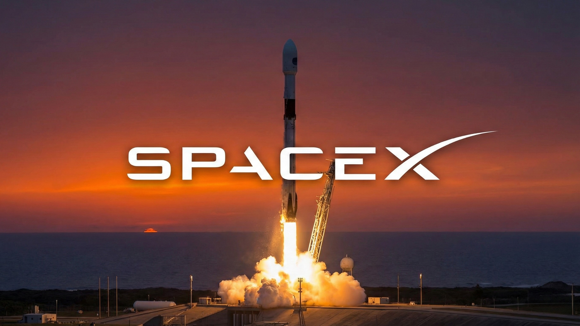 SpaceX logo overlaid on a Falcon 9 rocket launching from a coastal pad at sunset.