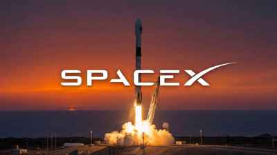 SpaceX logo overlaid on a Falcon 9 rocket launching from a coastal pad at sunset.