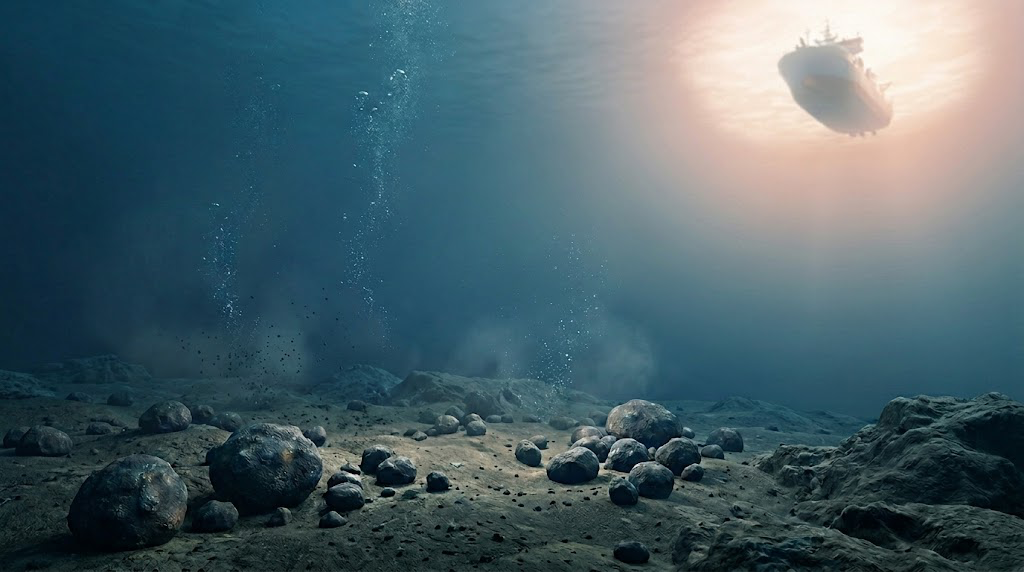 Illustrated underwater scene showing a rocky seafloor with bubbles rising toward a surface vessel.