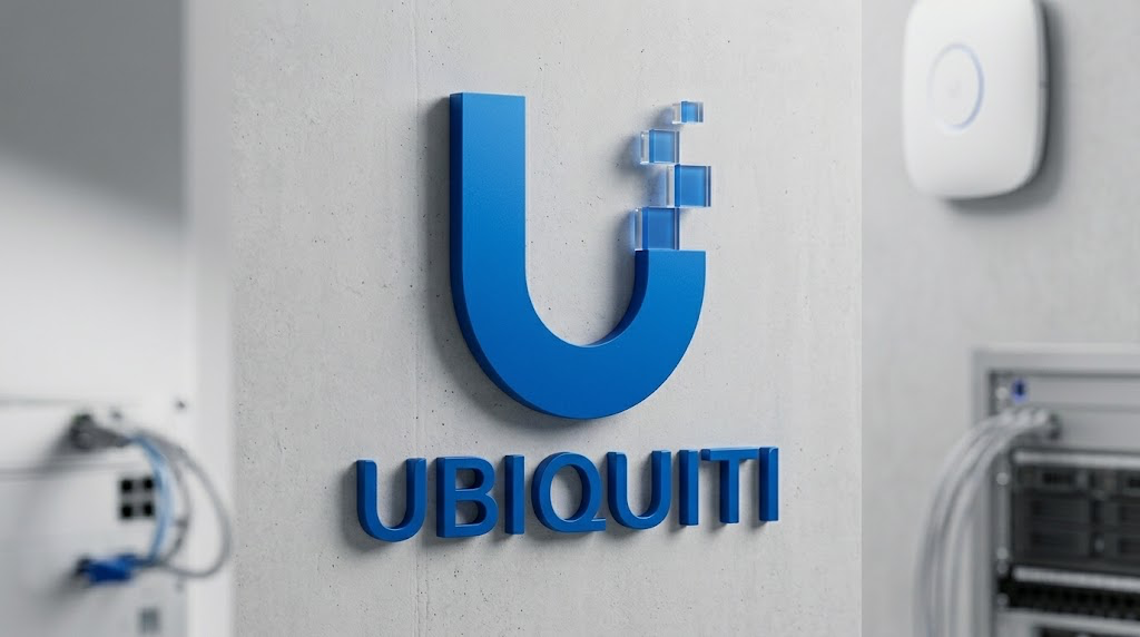 Ubiquiti logo mounted on a concrete wall inside a networking equipment room.