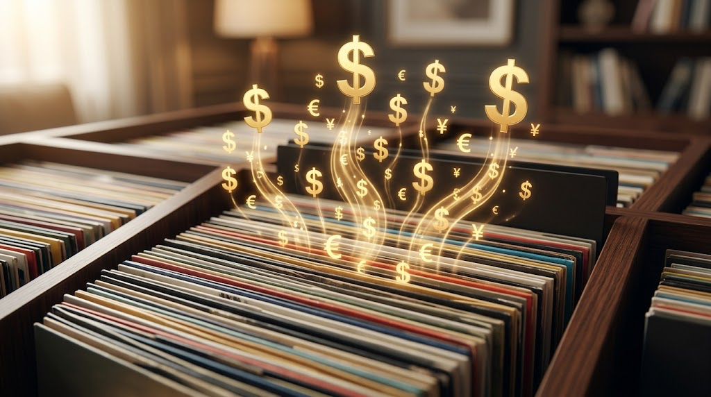 Glowing currency symbols rise from a wooden crate filled with vinyl record albums.