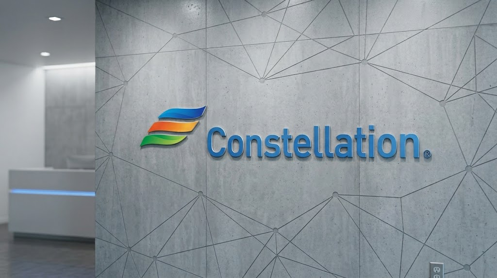 Constellation Energy logo mounted on a concrete wall in a corporate office lobby.