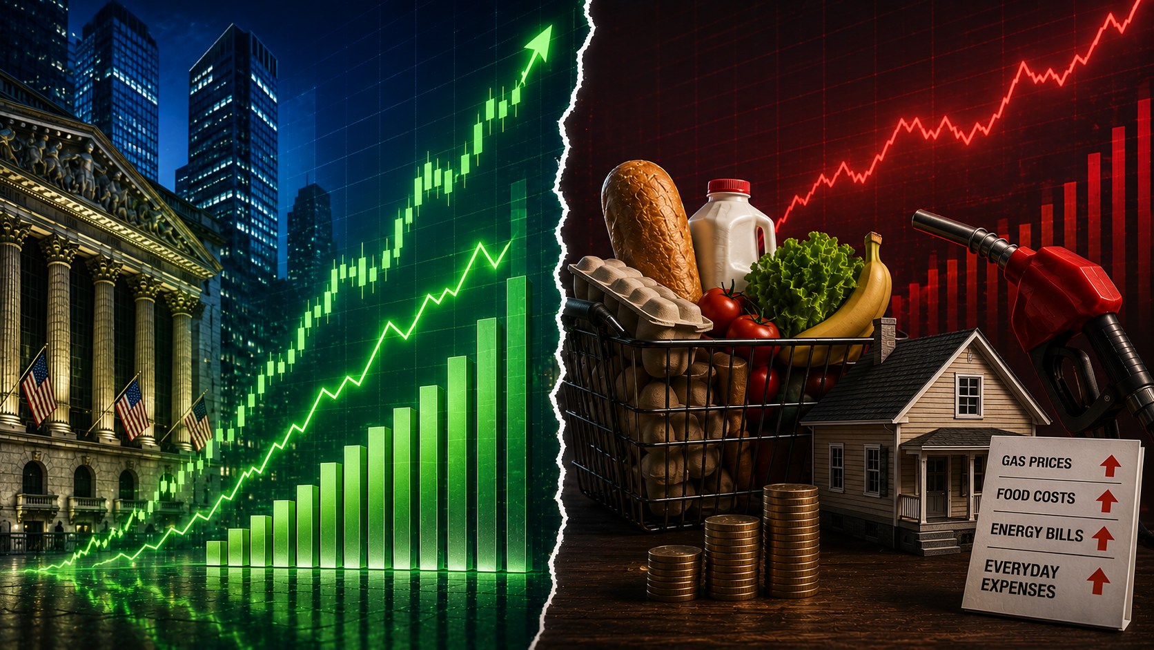 Split-screen image showing a bullish stock chart on one side, and consumer discretionary and consumer staple items on the other, exemplifying today's divided market.