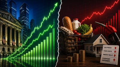 Split-screen image showing a bullish stock chart on one side, and consumer discretionary and consumer staple items on the other, exemplifying today's divided market.