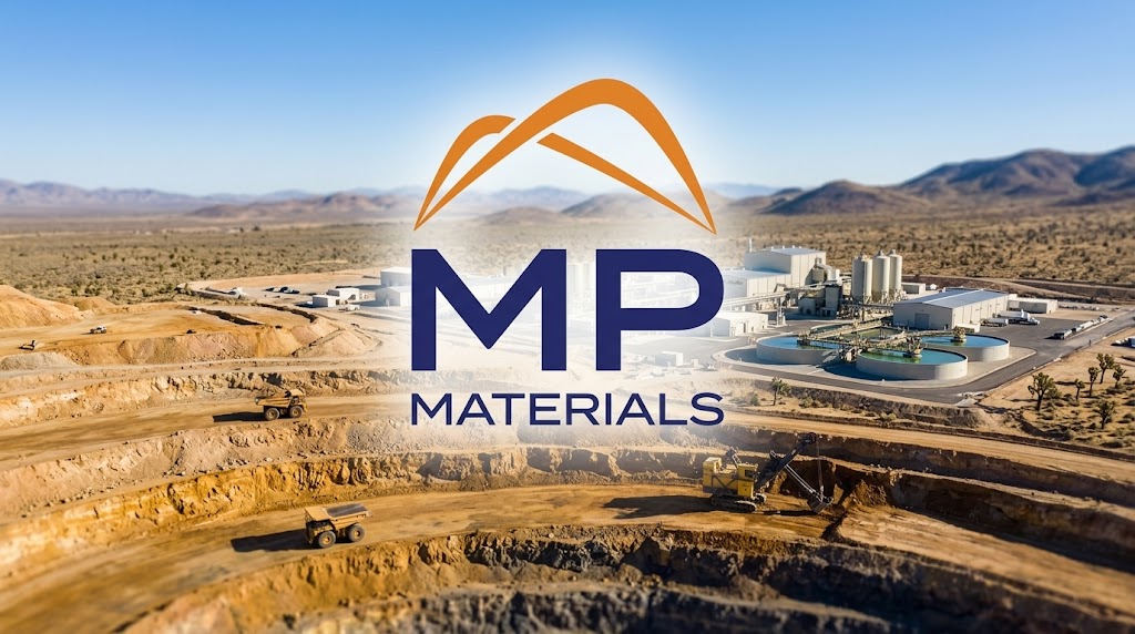 MP Materials logo overlaid on an aerial view of an open-pit rare earth mine and processing facility in a desert landscape.
