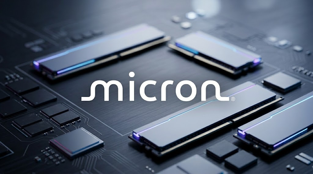 Micron Technology logo overlaid on a stylized rendering of memory modules and semiconductor components.