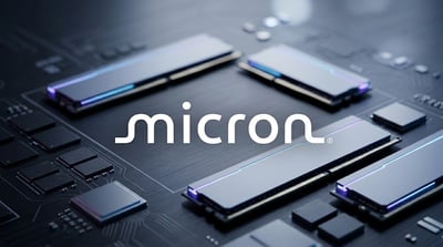 Micron Technology logo overlaid on a stylized rendering of memory modules and semiconductor components.