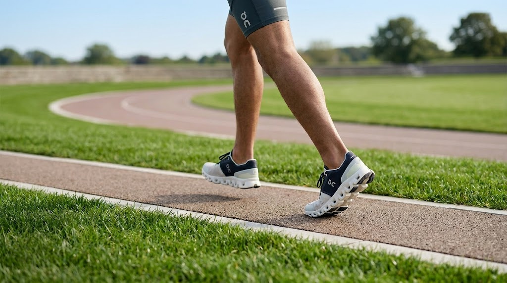 A runner wearing On Running shoes and branded shorts strides along an outdoor athletic track.
