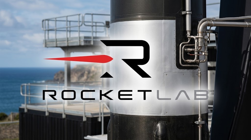 Rocket Lab logo overlaid on a photo of the company's launch pad and Electron rocket.