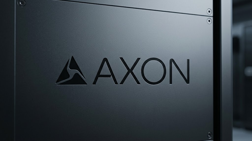 Axon Enterprise logo embossed on a dark metal panel in an industrial setting.