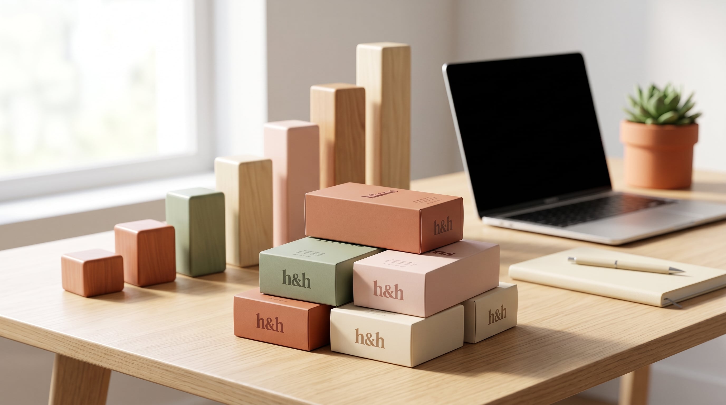 Multiple Hims & Hers branded product boxes are arranged on a wooden desk beside a laptop.