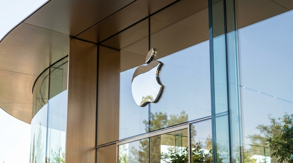 The Apple Inc. logo mounted on the exterior glass facade of an Apple retail store.
