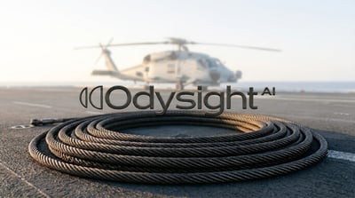 Odysight AI logo overlaid on an image of a coiled cable with a military helicopter in the background.