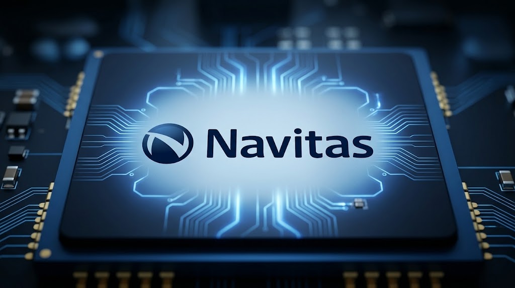 Navitas Semiconductor logo displayed on a glowing circuit board with blue lighting.