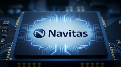 Navitas Semiconductor logo displayed on a glowing circuit board with blue lighting.