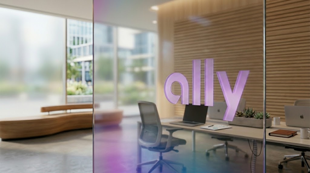 Ally Financial logo displayed on a glass wall inside a modern corporate office.
