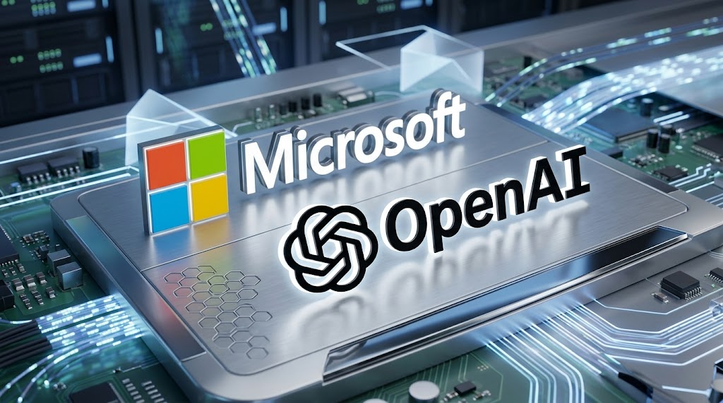 Microsoft and OpenAI logos displayed on a stylized computer chip over a circuit board background.