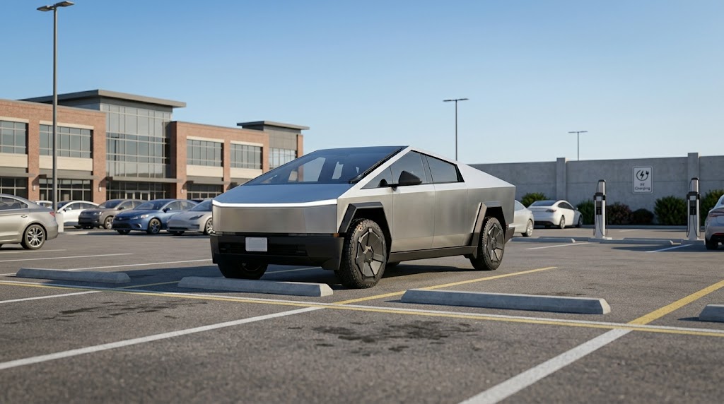 A Tesla Cybertruck with a stainless steel exterior parked in a commercial parking lot near EV charging stations.