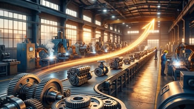 Illustrated factory floor with a conveyor belt, industrial machinery, gears, and an upward-trending arrow overlay.