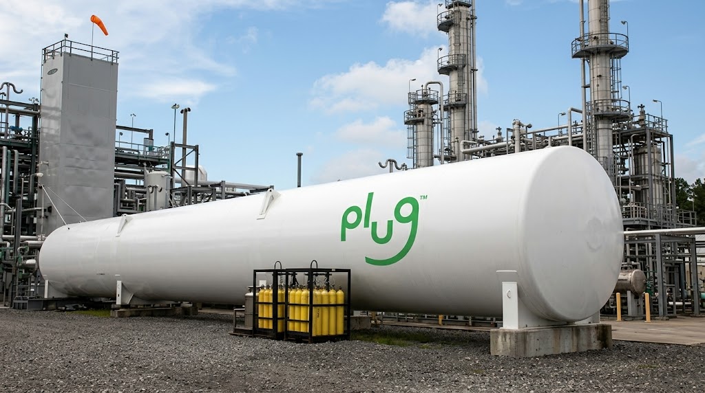 A large white Plug Power storage tank sits at an industrial hydrogen production facility.