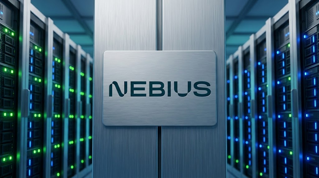 Nebius Group logo displayed on a metal plaque inside a data center with illuminated server racks.