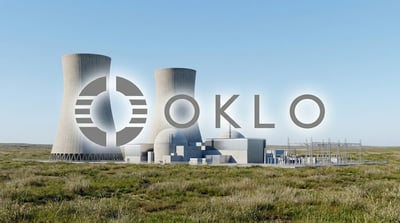Oklo logo overlaid on a rendering of a nuclear power plant with cooling towers.