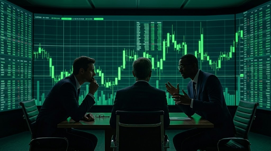 Three business professionals discuss strategy at a table surrounded by green candlestick stock charts on large screens.