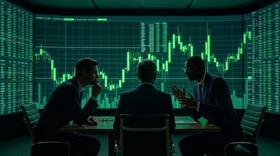 Three business professionals discuss strategy at a table surrounded by green candlestick stock charts on large screens.