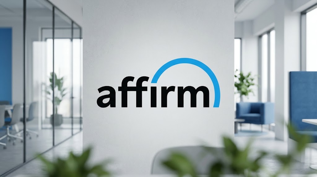 Affirm logo displayed on a white wall inside a modern corporate office.