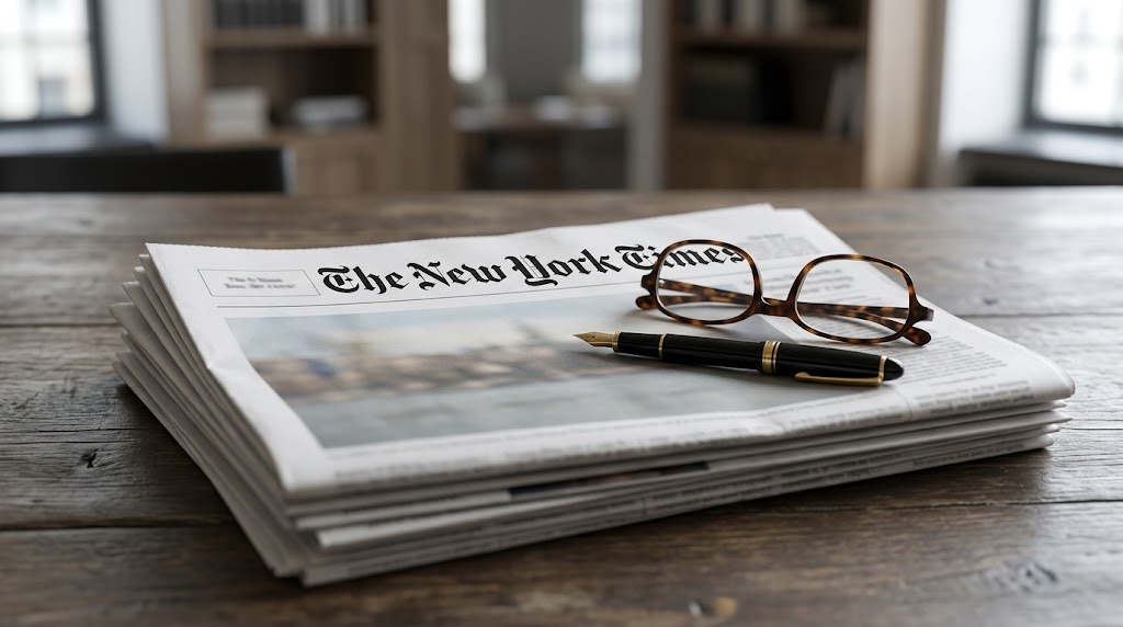 A stack of The New York Times newspapers rests on a wooden desk alongside a fountain pen and reading glasses.