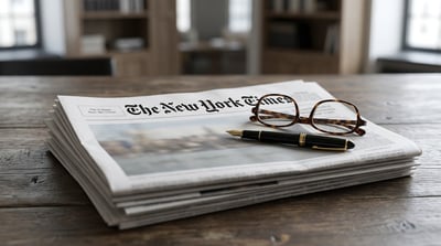 A stack of The New York Times newspapers rests on a wooden desk alongside a fountain pen and reading glasses.