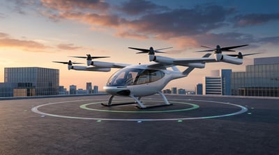 A white electric vertical takeoff and landing aircraft sits on a rooftop helipad with a city skyline at dusk.