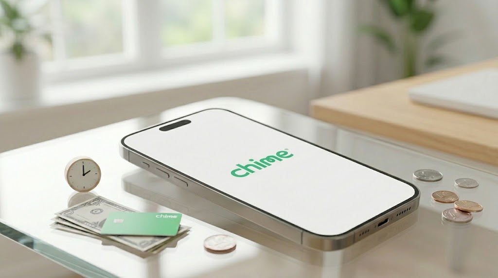 A smartphone displaying the Chime logo rests on a table alongside a Chime debit card and coins.