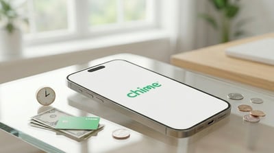 A smartphone displaying the Chime logo rests on a table alongside a Chime debit card and coins.