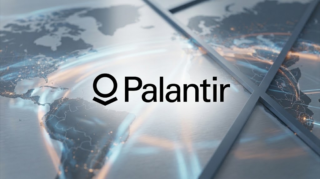 Palantir Technologies logo displayed over a stylized global data network background.