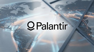 Palantir Technologies logo displayed over a stylized global data network background.