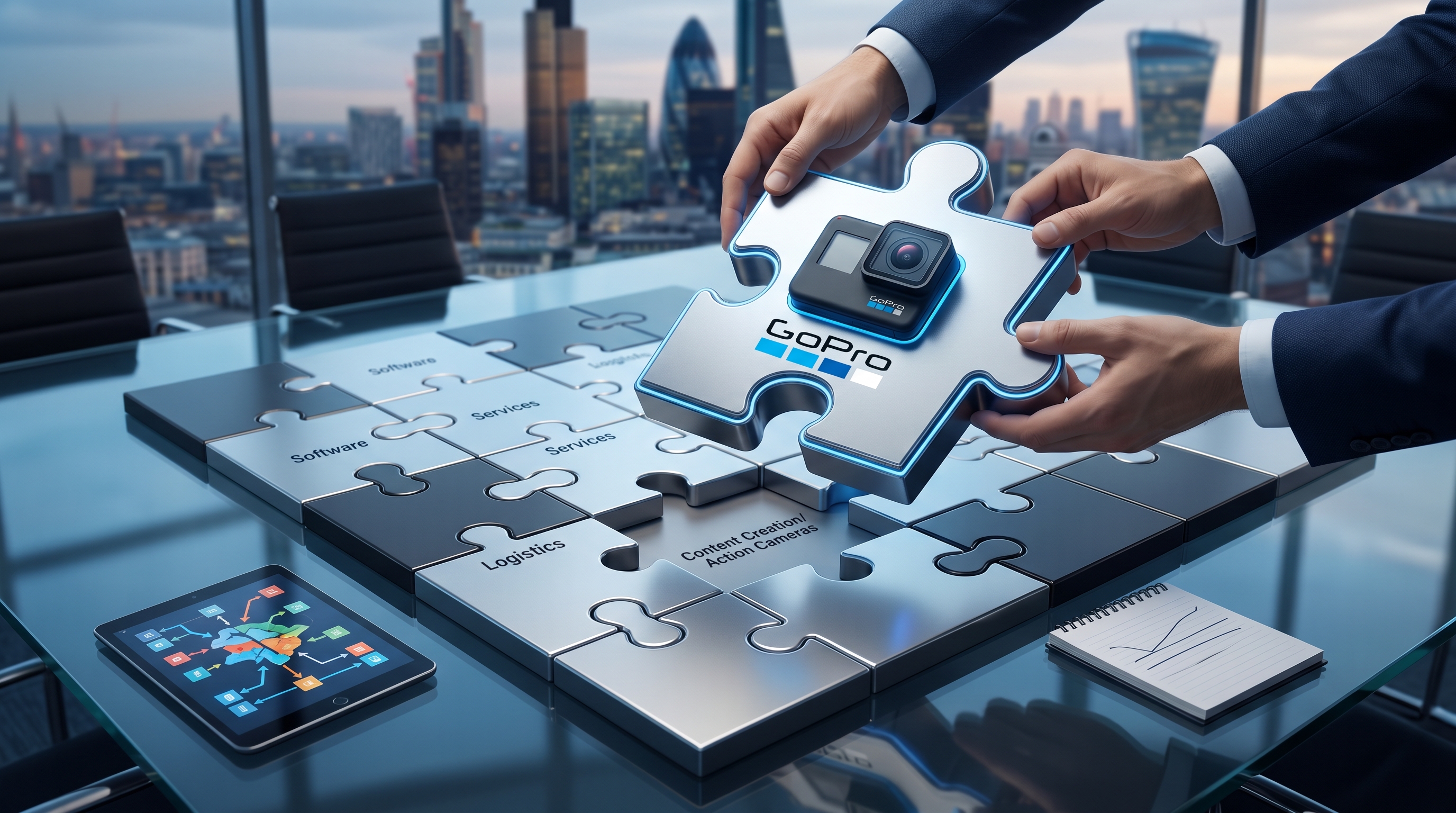 Hands place a GoPro-branded puzzle piece onto a board labeled with business segments including logistics and content creation.